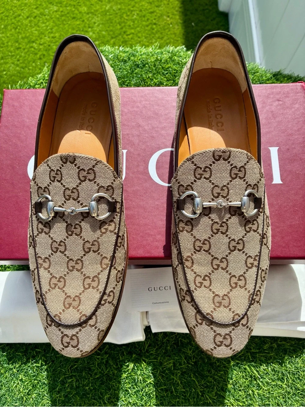 GUCCI CLASSIC BEIGE EBONY GG SUPREME MONOGRAM HORSEBIT JORDAAN LOAFERS G8.5 US9